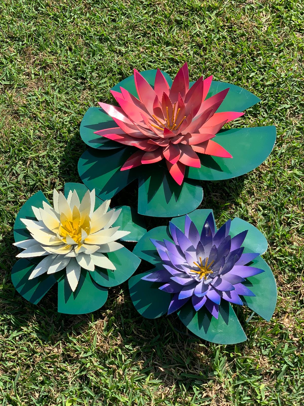Handmade Metal Lotus Flower with Lily Pads – Colorful Garden Art