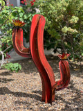 28” Rustic Red Metal Saguaro Cactus with Flowers – Southwestern Garden Decor