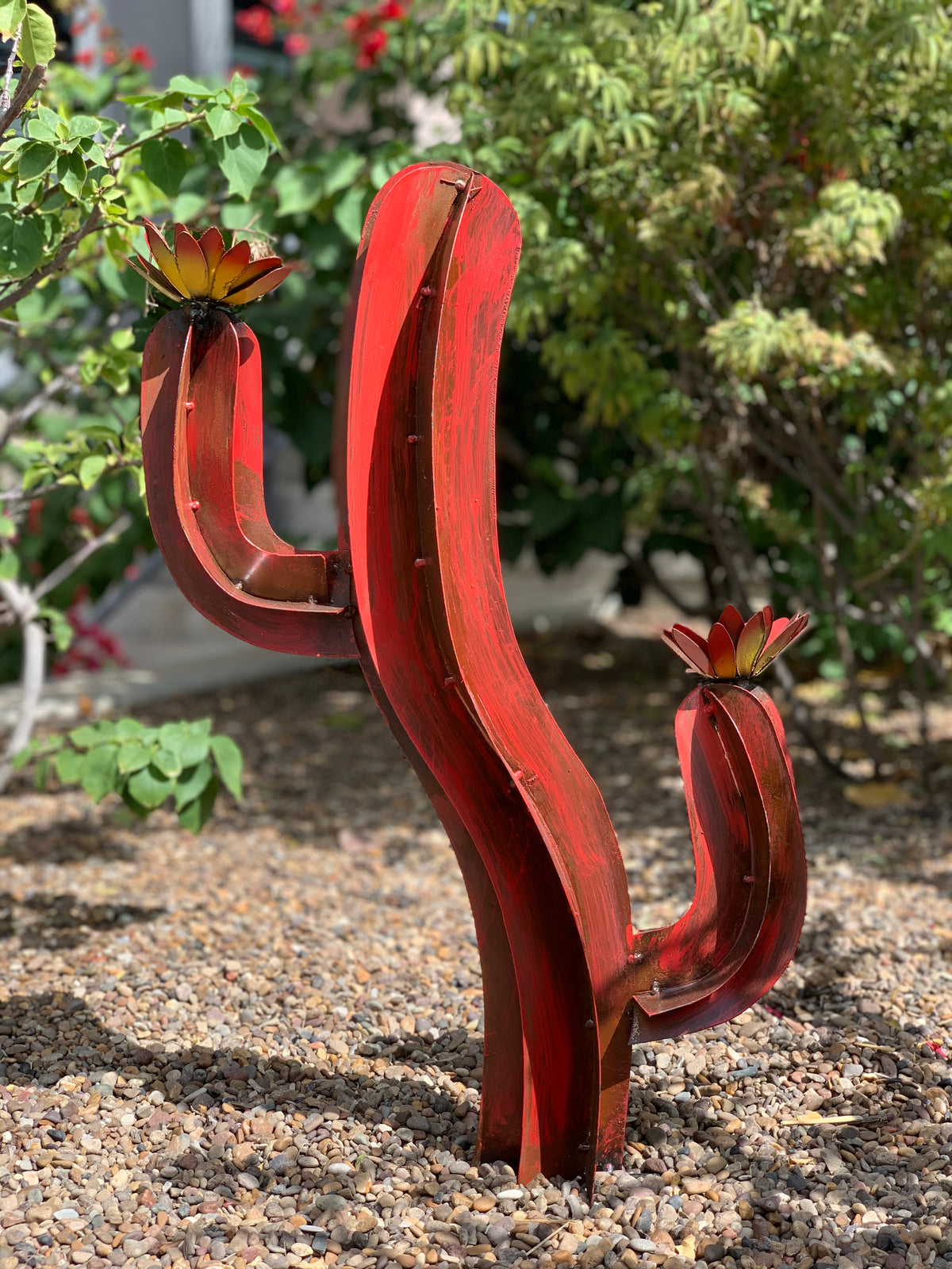 28” Rustic Red Metal Saguaro Cactus with Flowers – Southwestern Garden Decor