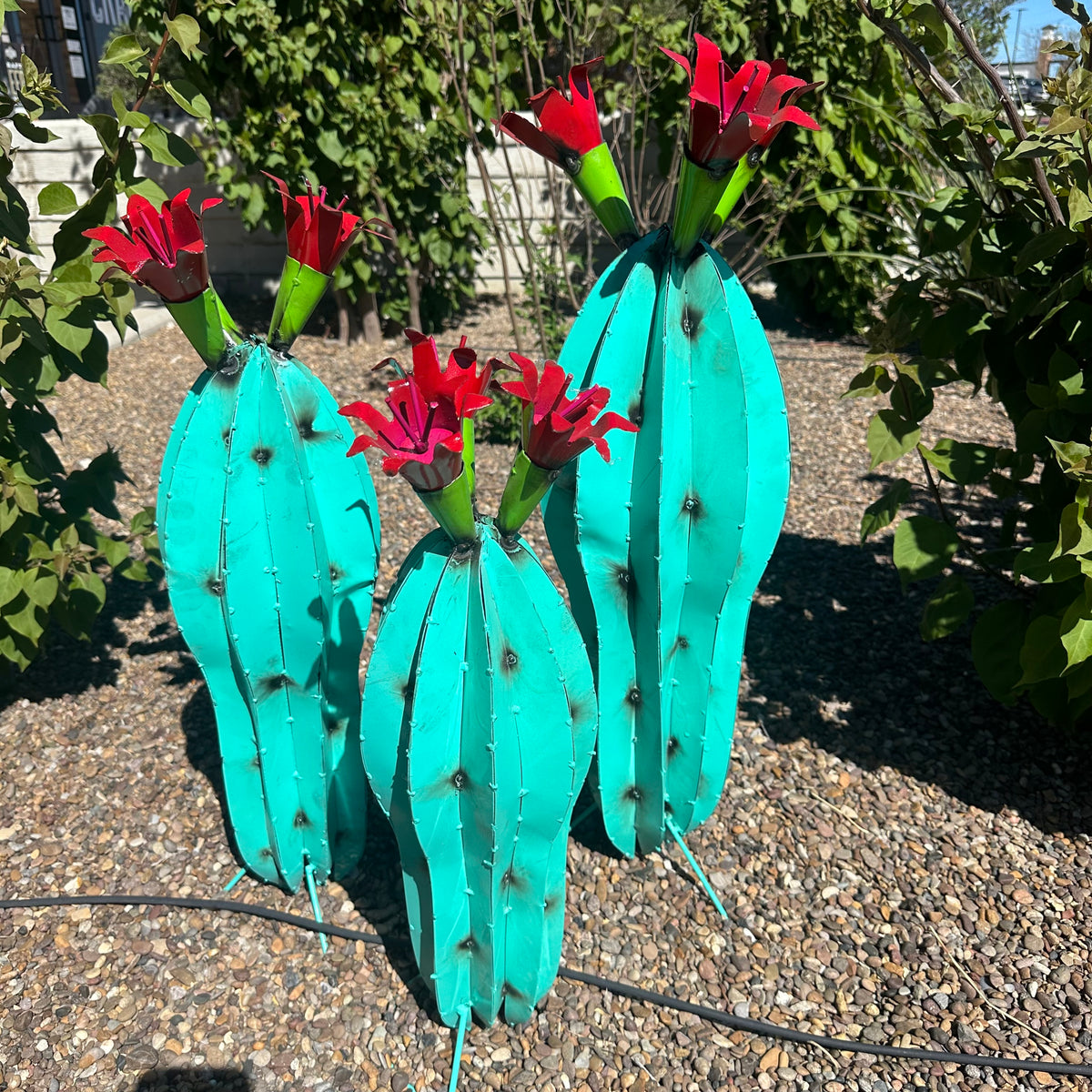 Turquoise Metal Barrel Cactus with Red Flowers – Handmade Garden Art