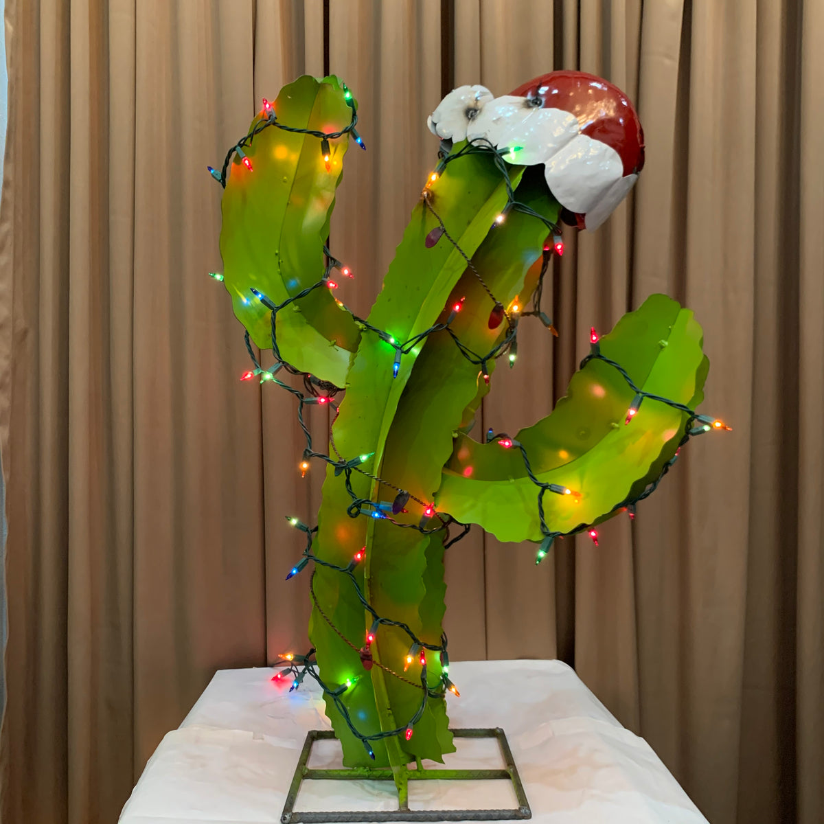 Christmas Metal Saguaro Cactus with Santa Hat & Lights – 14" or 3 Ft Holiday Decor