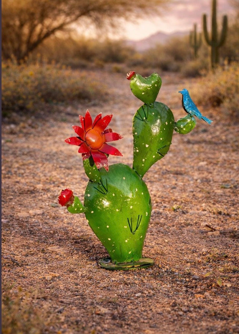 Colorful Prickly Pear Cactus Metal Garden Sculpture with Bluebird