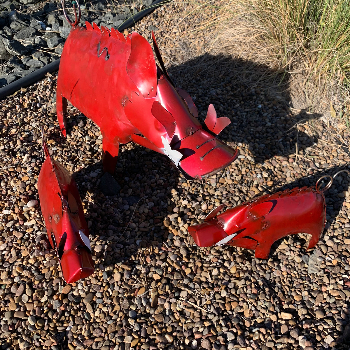 Set of 3 Rustic Red Metal Javelina Garden Sculptures