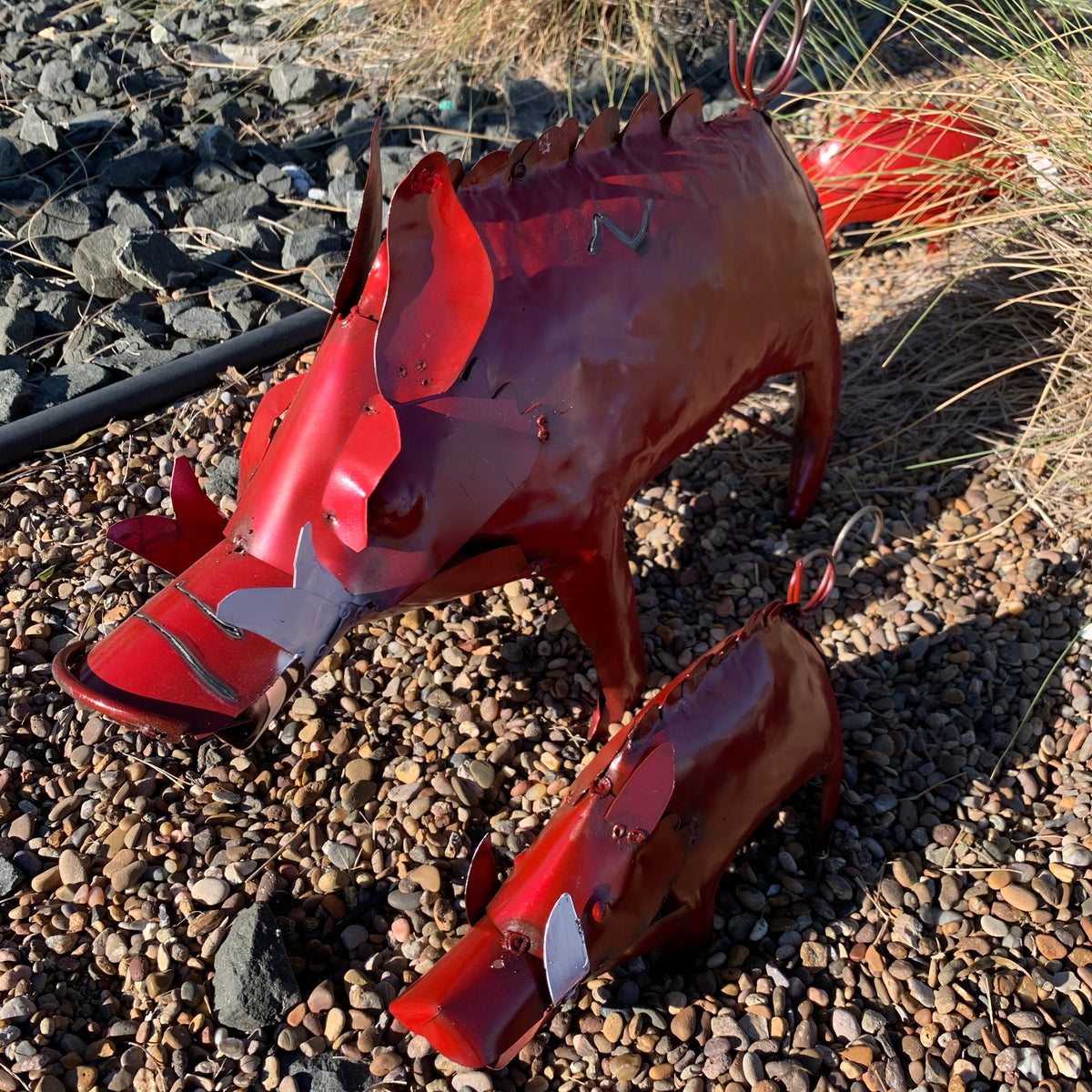 Set of 3 Rustic Red Metal Javelina Garden Sculptures