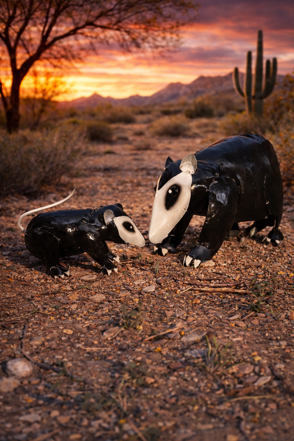 Metal Opossum Garden Sculpture – Handmade Mama & Baby Possum Yard Art