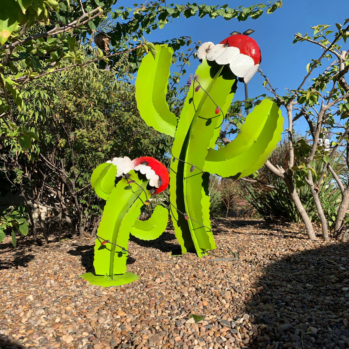 Christmas Metal Saguaro Cactus with Santa Hat & Lights – 14" or 3 Ft Holiday Decor