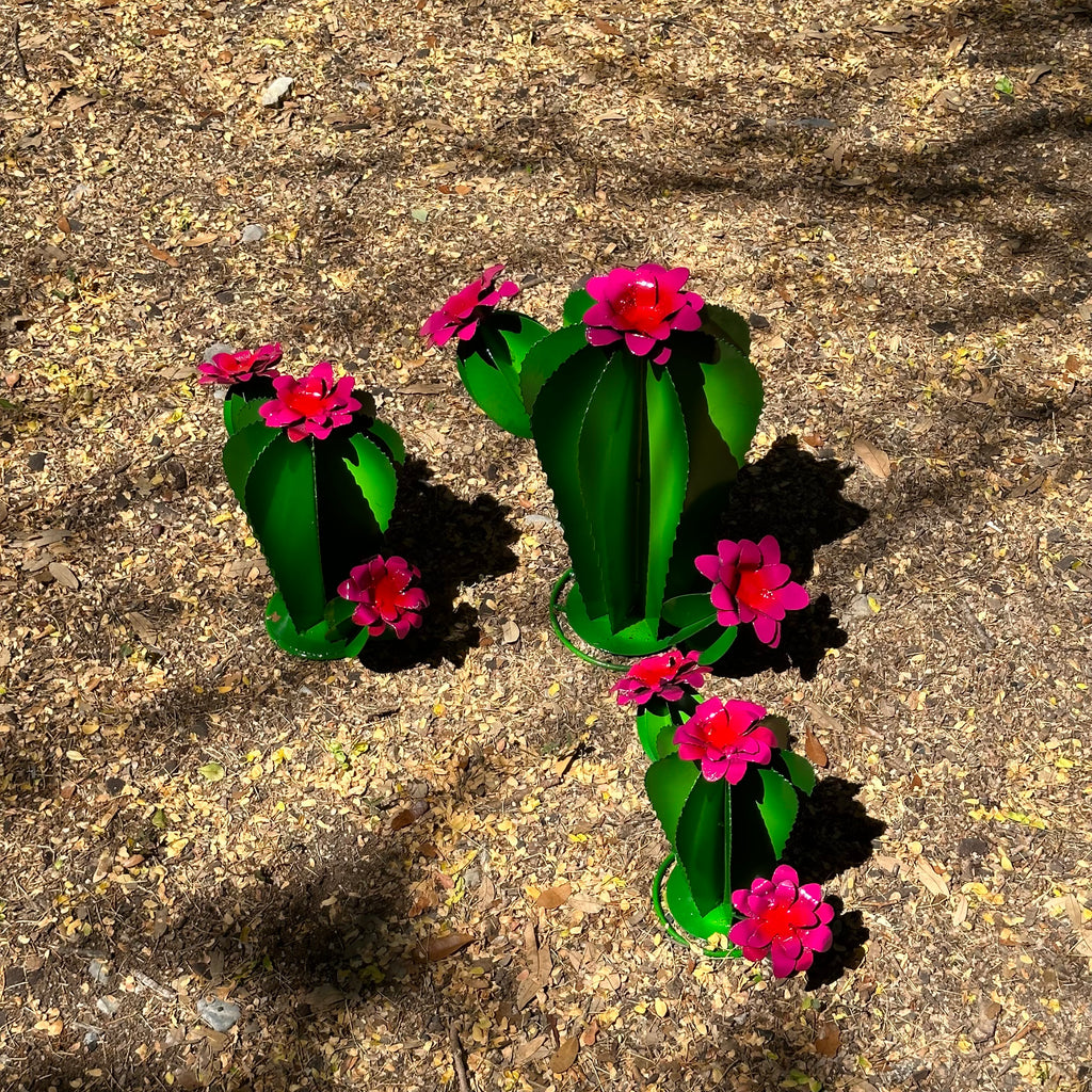 Green Metal Saguaro Cactus with Pink Flowers – Handmade Garden Sculpture