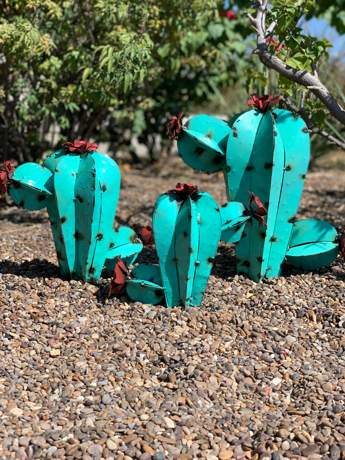 Turquoise Metal Cactus Garden Sculptures – Rustic Southwestern Desert Décor