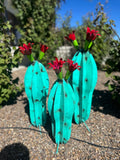 Turquoise Metal Barrel Cactus with Red Flowers – Handmade Garden Art