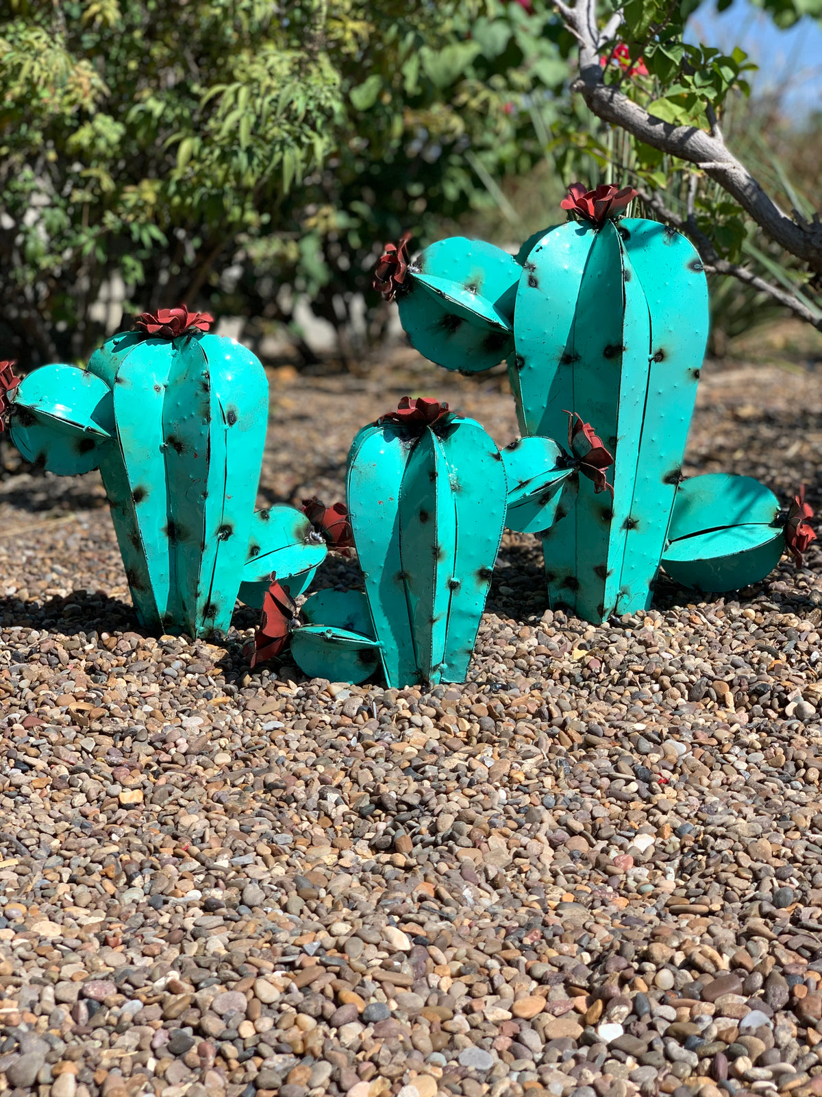 Turquoise Metal Cactus Garden Sculptures – Rustic Southwestern Desert Décor