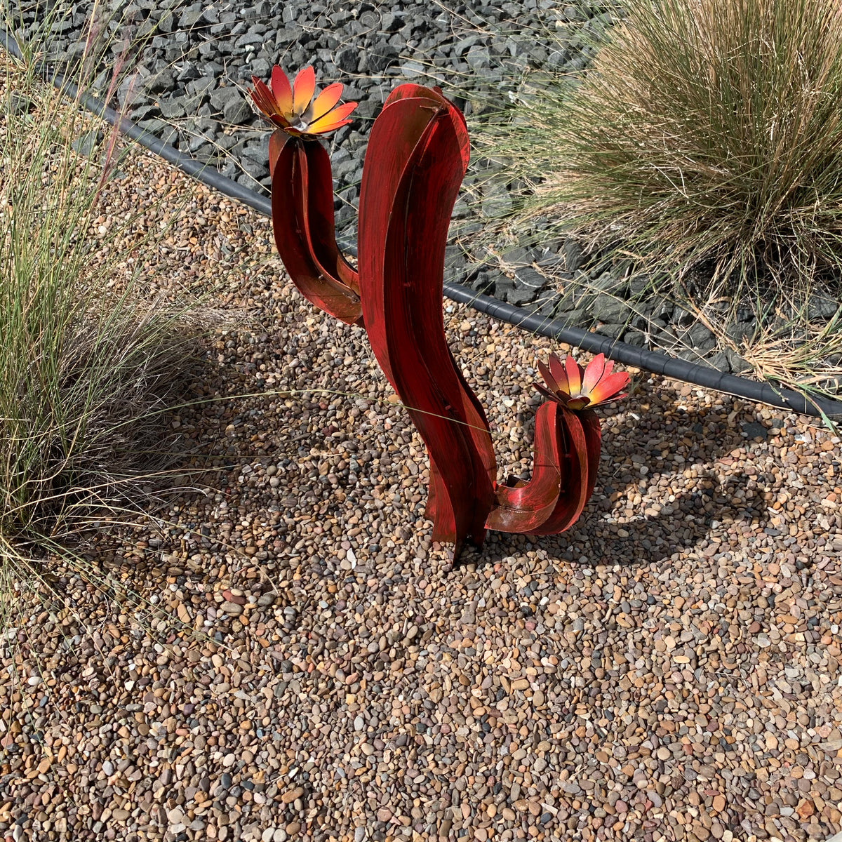 28” Rustic Red Metal Saguaro Cactus with Flowers – Southwestern Garden Decor