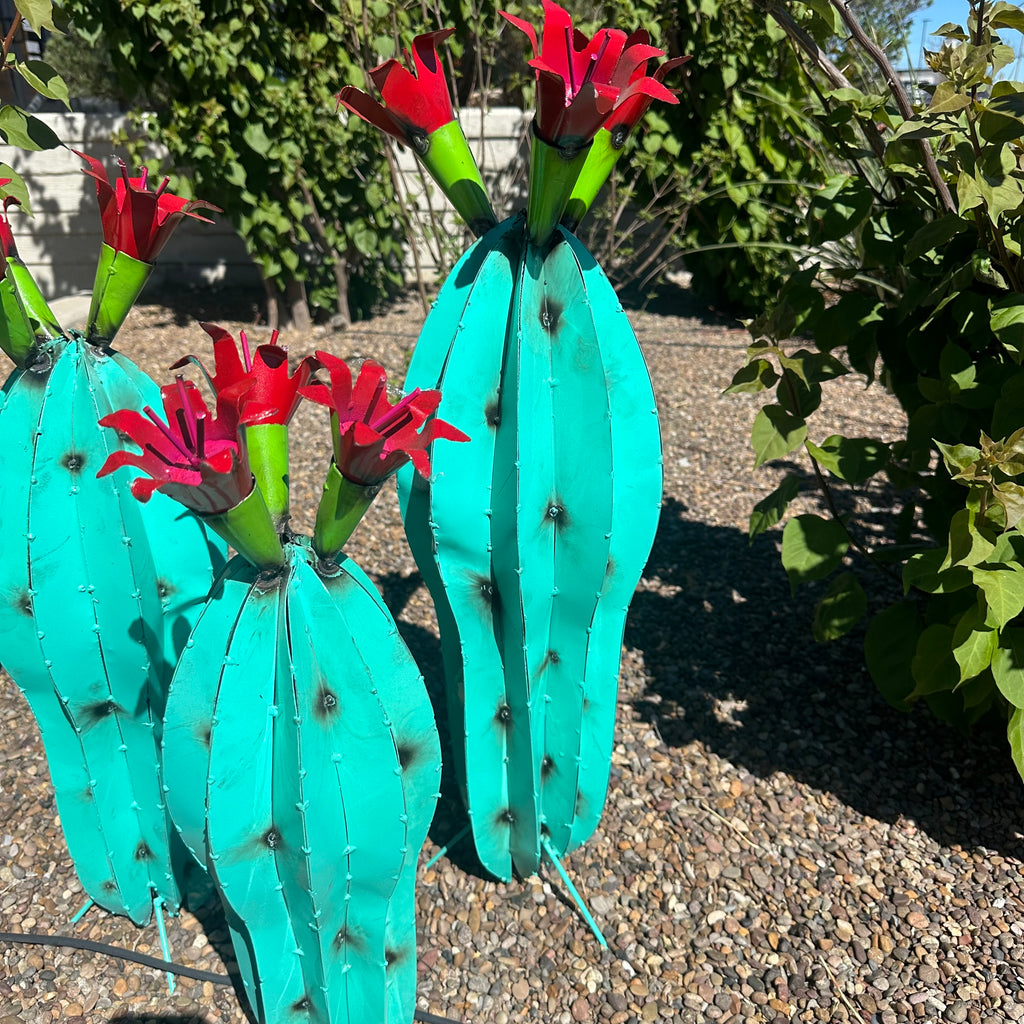 Turquoise Metal Barrel Cactus with Red Flowers – Handmade Garden Art