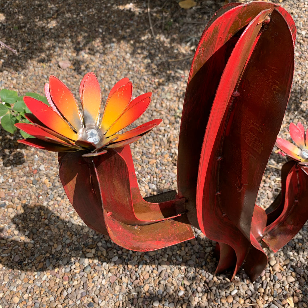 28” Rustic Red Metal Saguaro Cactus with Flowers – Southwestern Garden Decor