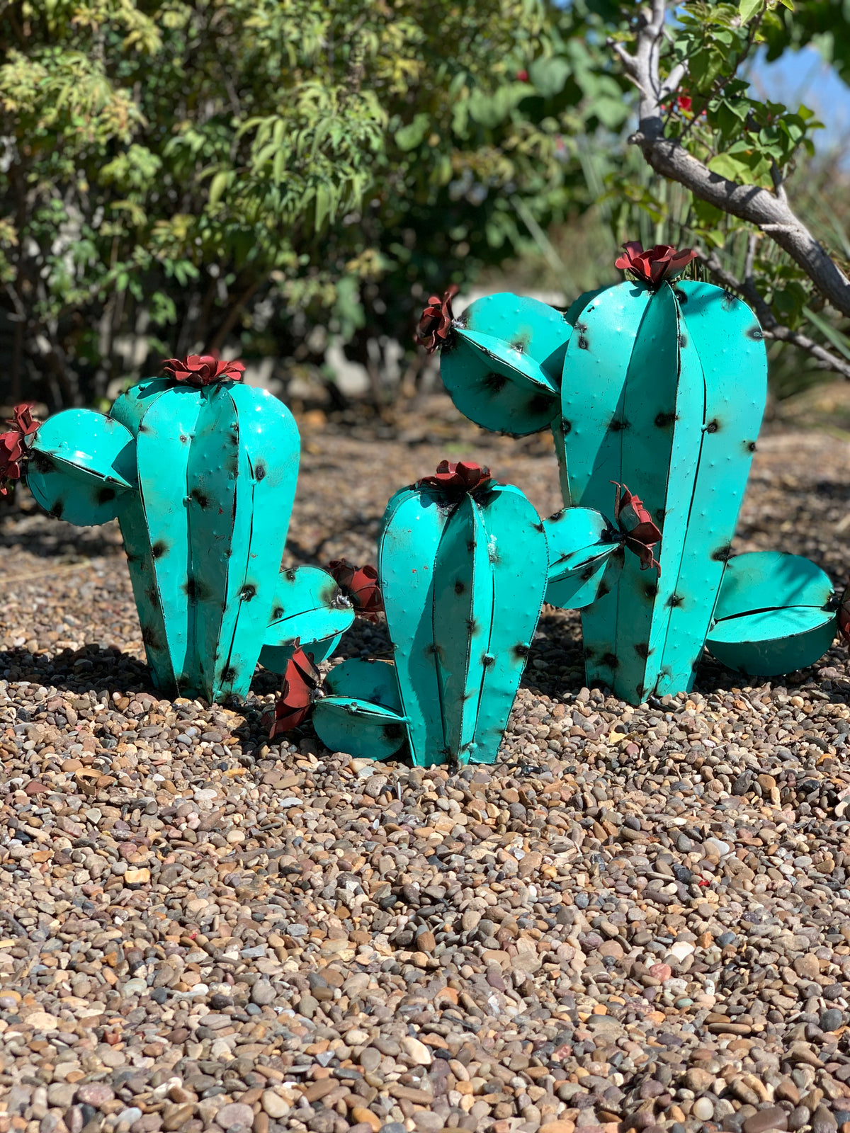 Turquoise Metal Cactus Garden Sculptures – Rustic Southwestern Desert Décor