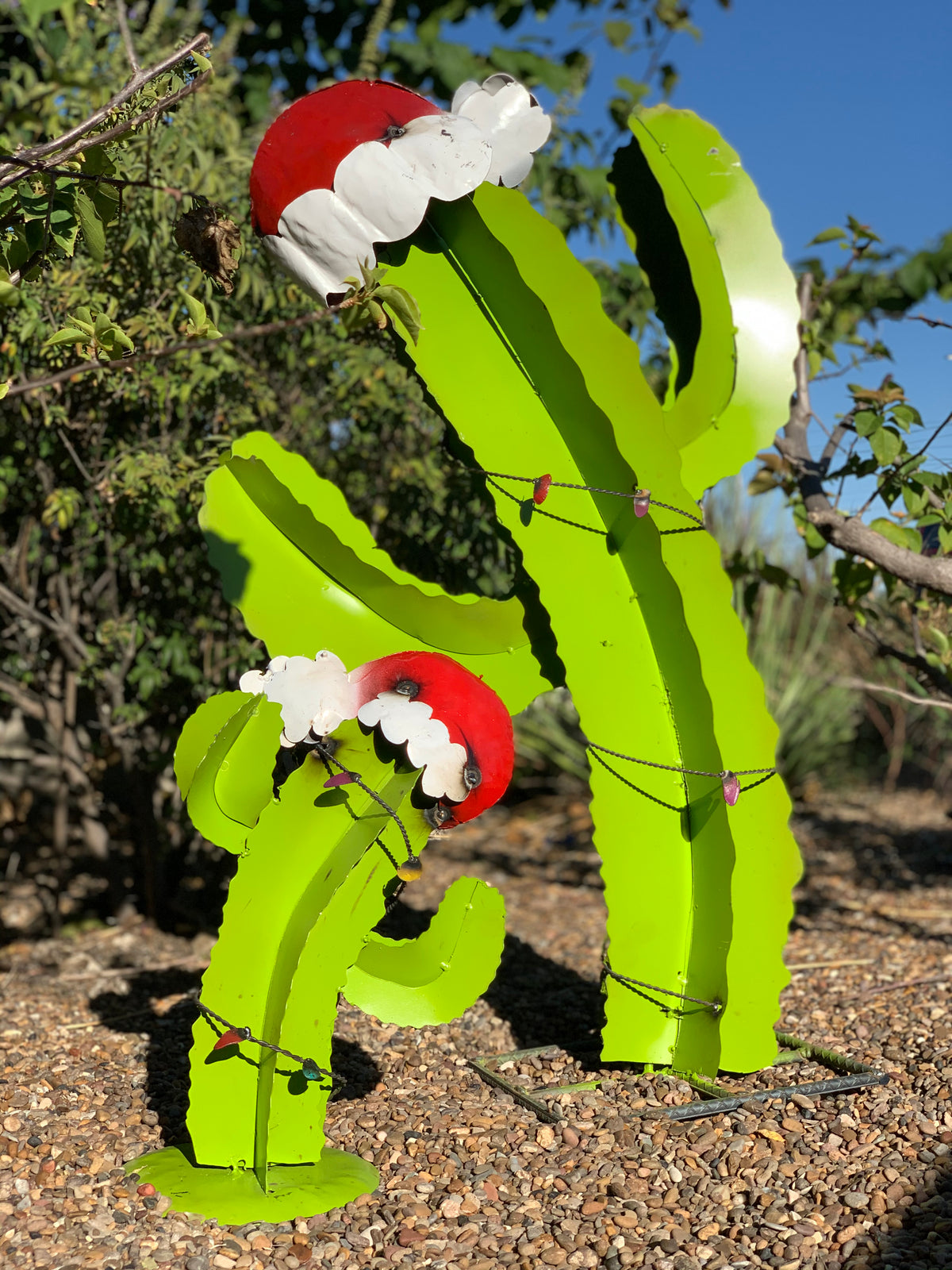 Christmas Metal Saguaro Cactus with Santa Hat & Lights – 14" or 3 Ft Holiday Decor
