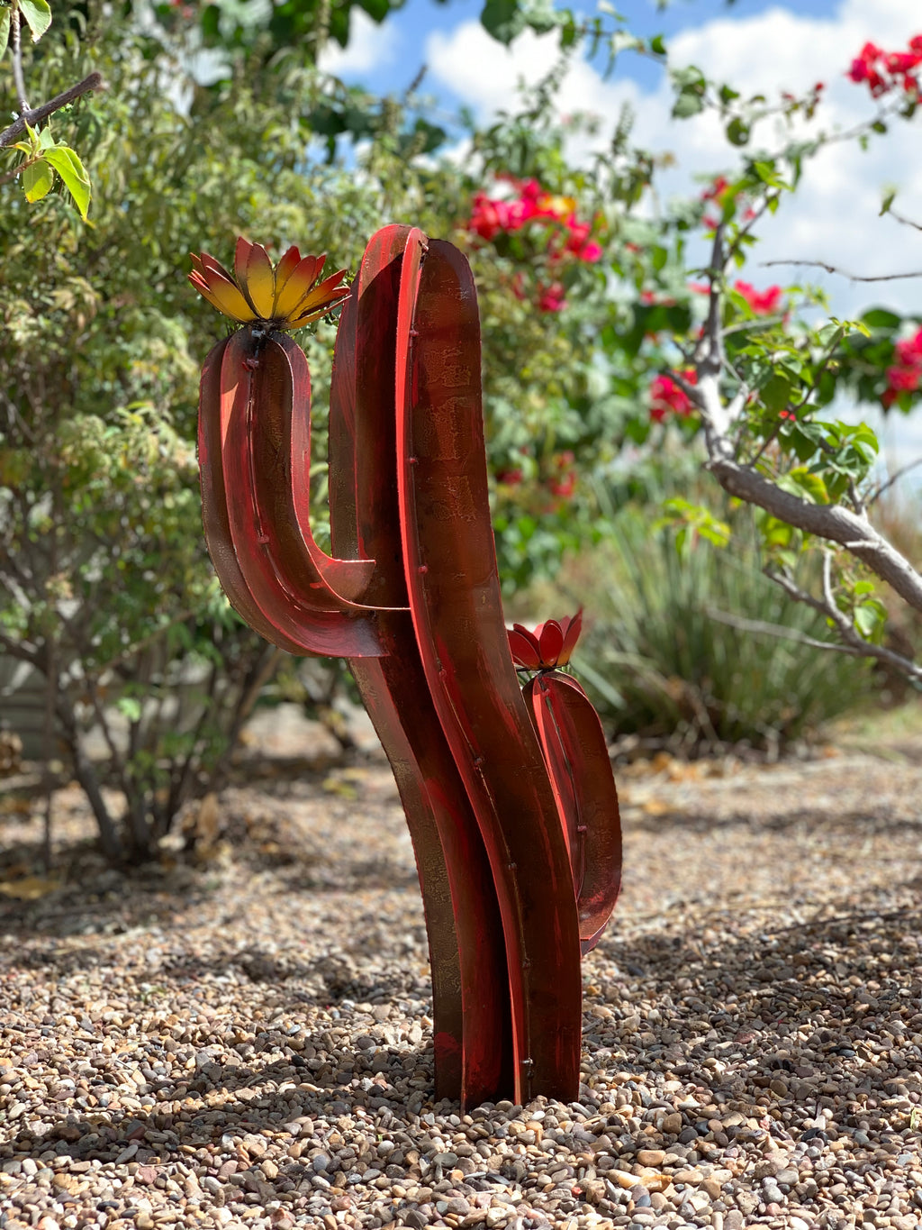 28” Rustic Red Metal Saguaro Cactus with Flowers – Southwestern Garden Decor
