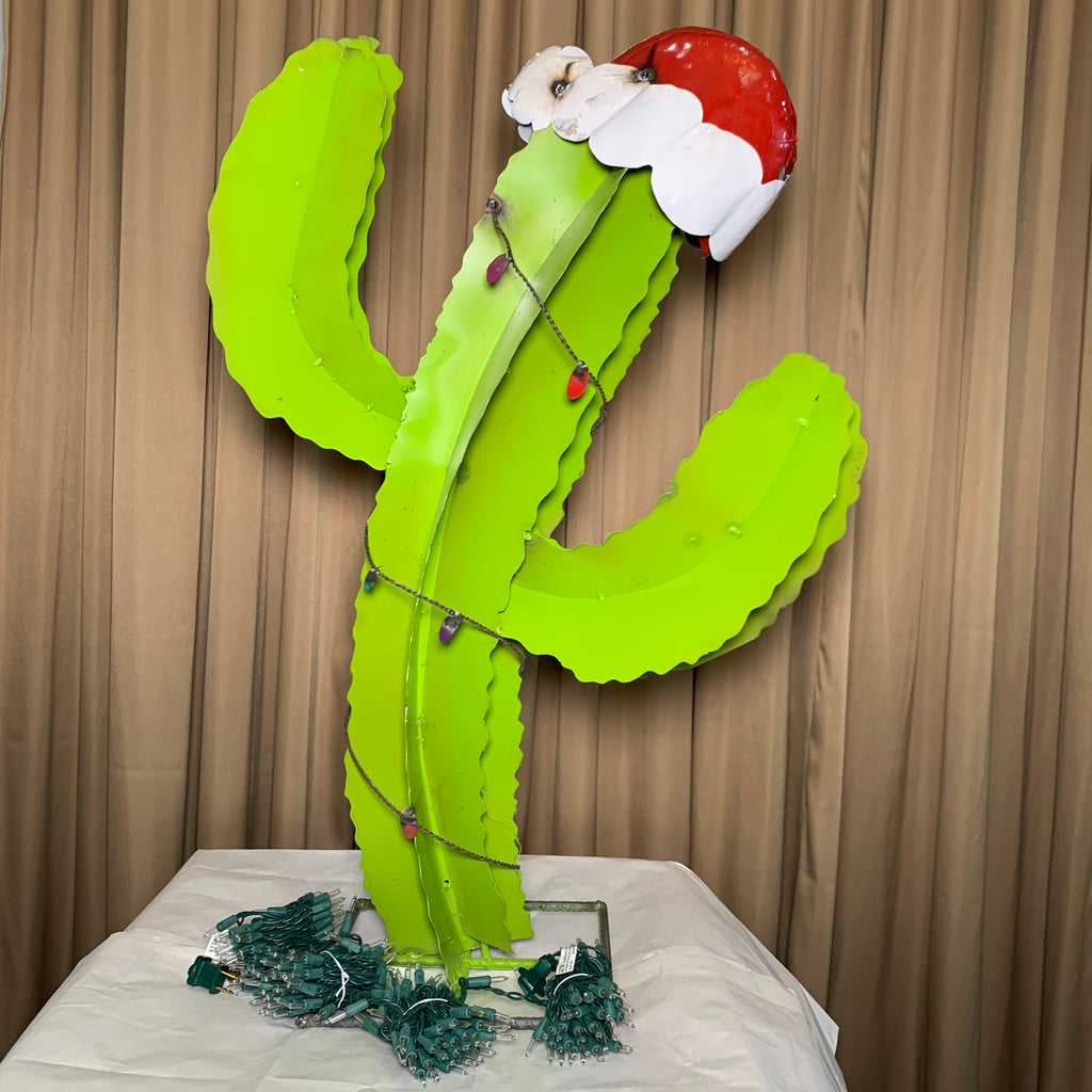 Christmas Metal Saguaro Cactus with Santa Hat & Lights – 14" or 3 Ft Holiday Decor