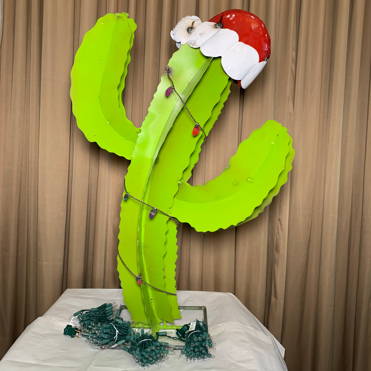 Christmas Metal Saguaro Cactus with Santa Hat & Lights – 14" or 3 Ft Holiday Decor