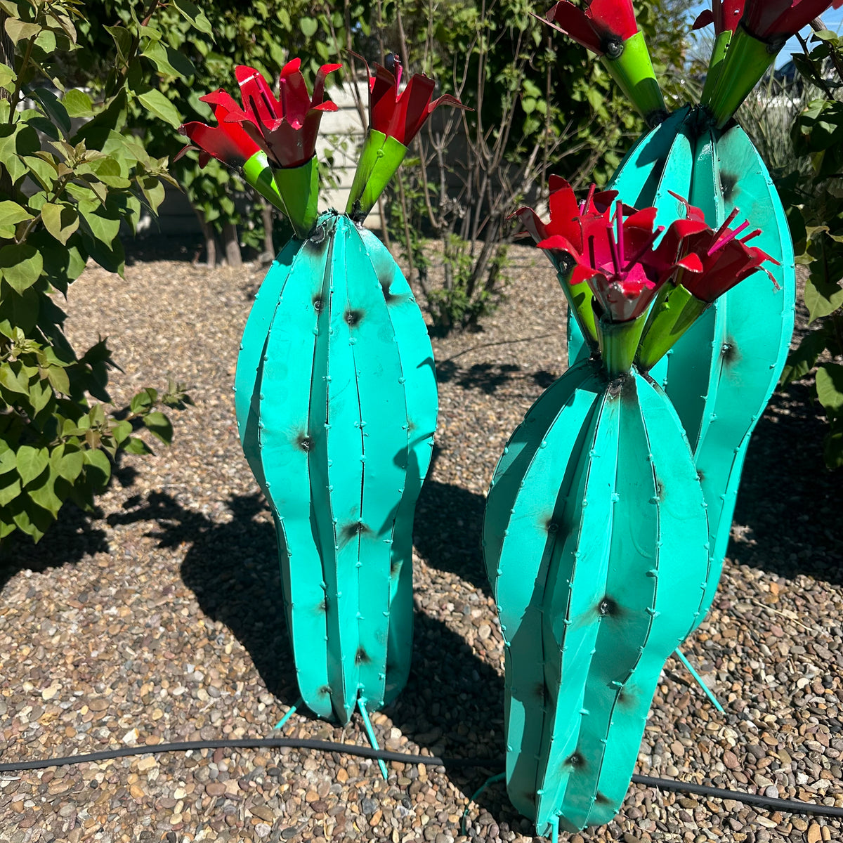 Turquoise Metal Barrel Cactus with Red Flowers – Handmade Garden Art