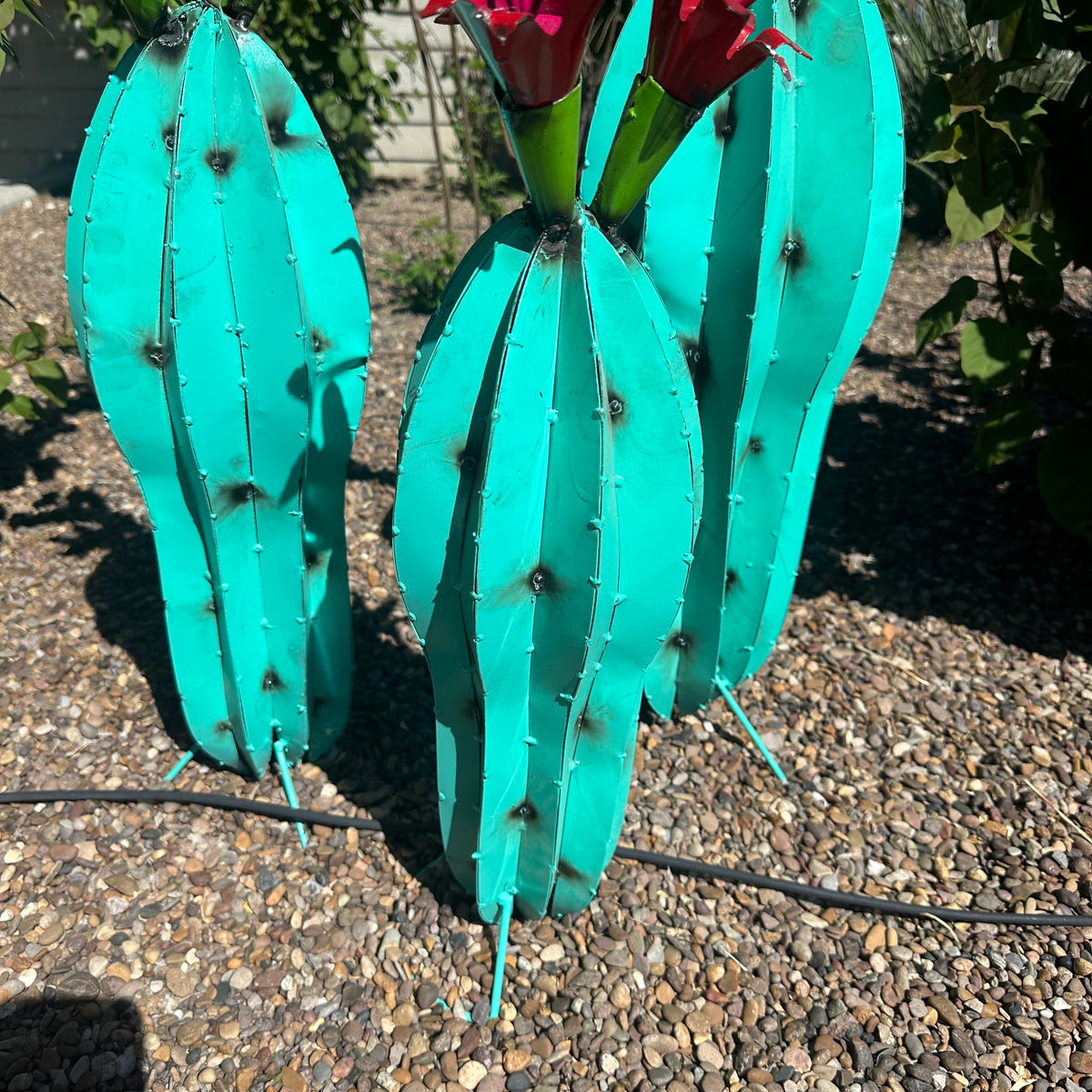 Turquoise Metal Barrel Cactus with Red Flowers – Handmade Garden Art