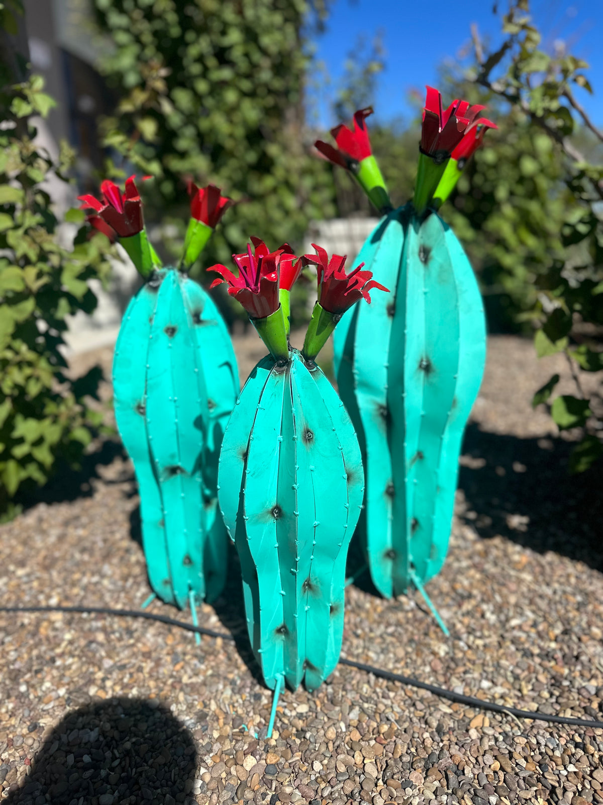 Turquoise Metal Barrel Cactus with Red Flowers – Handmade Garden Art
