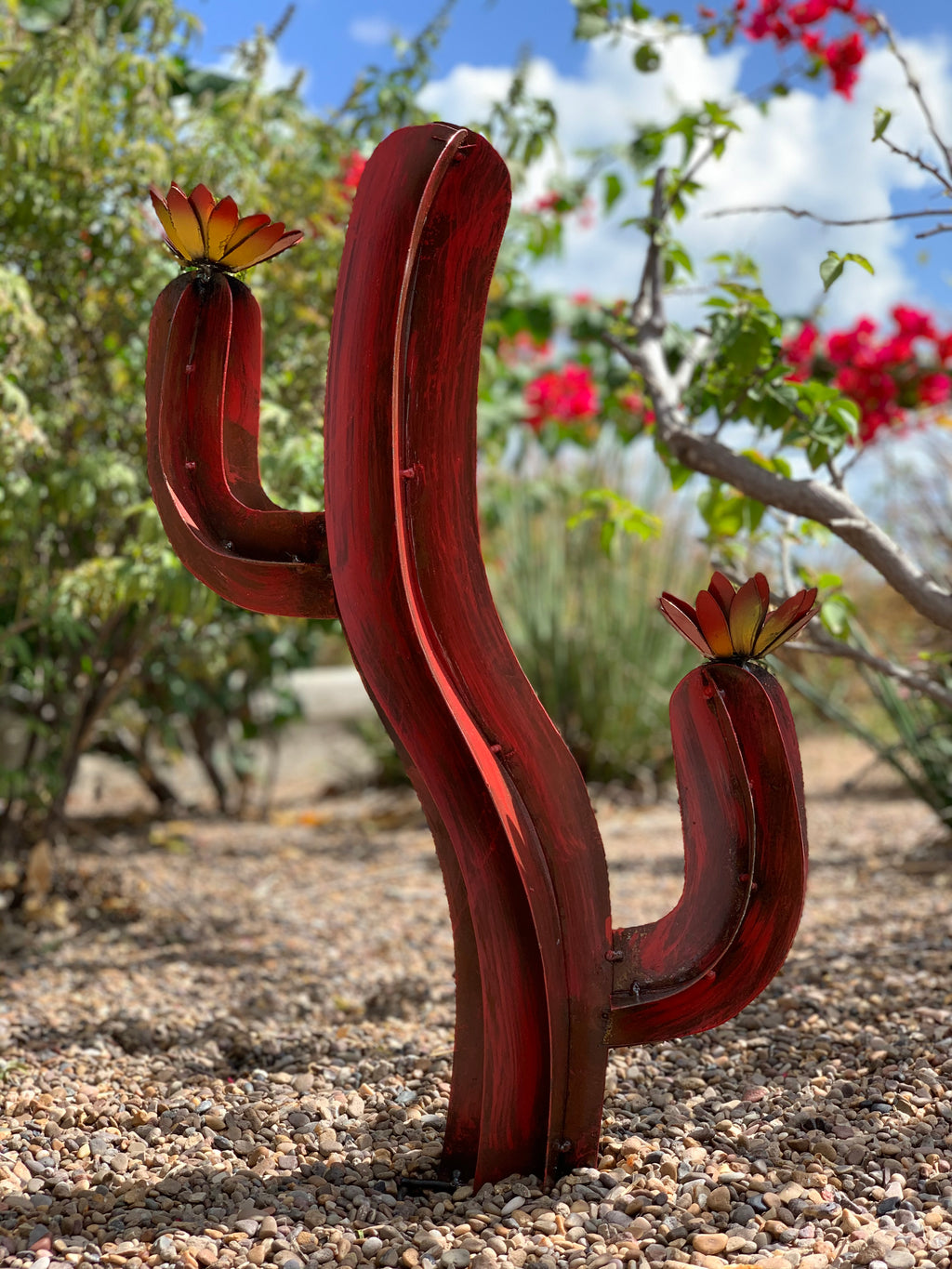 28” Rustic Red Metal Saguaro Cactus with Flowers – Southwestern Garden Decor
