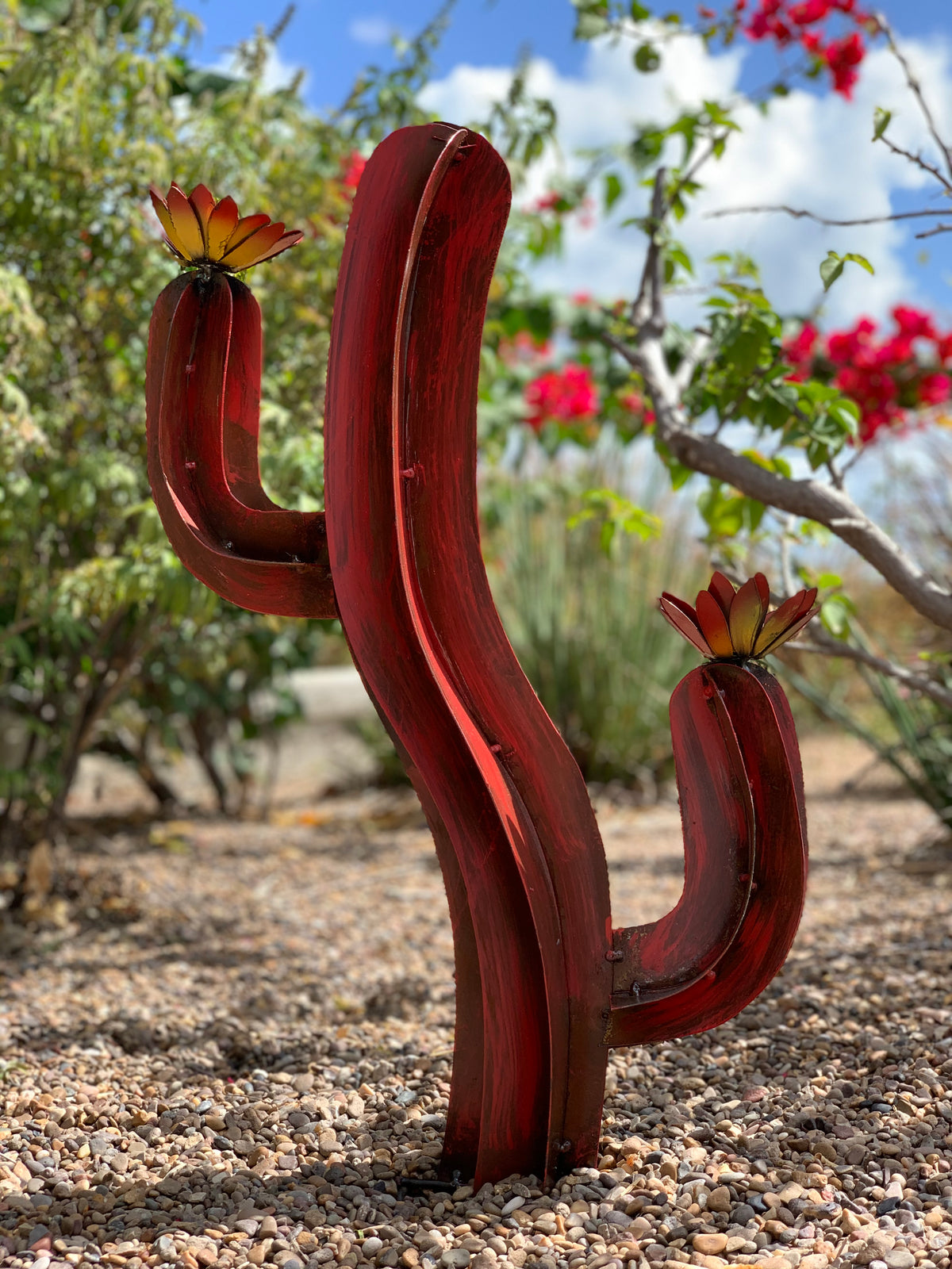 28” Rustic Red Metal Saguaro Cactus with Flowers – Southwestern Garden Decor
