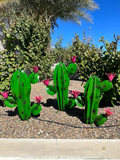 Green Metal Saguaro Cactus with Pink Flowers – Southwestern Garden Sculpture