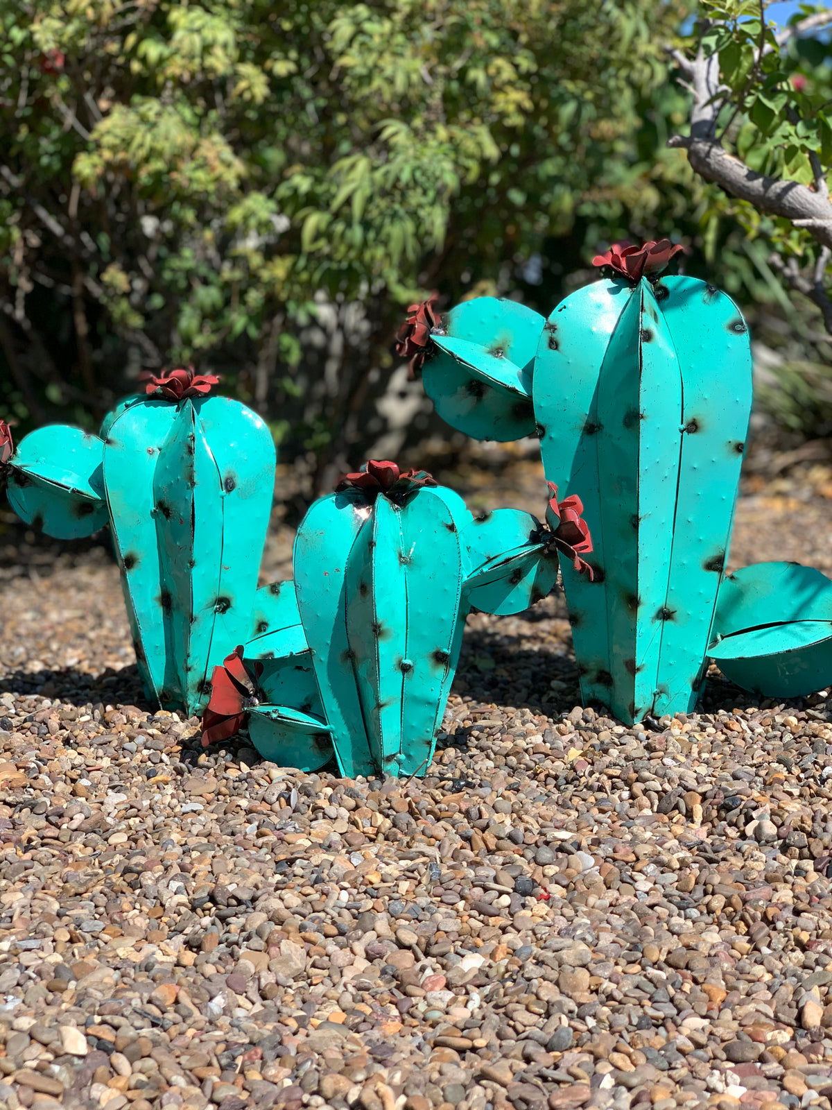 Turquoise Metal Cactus Garden Sculptures – Rustic Southwestern Desert Décor