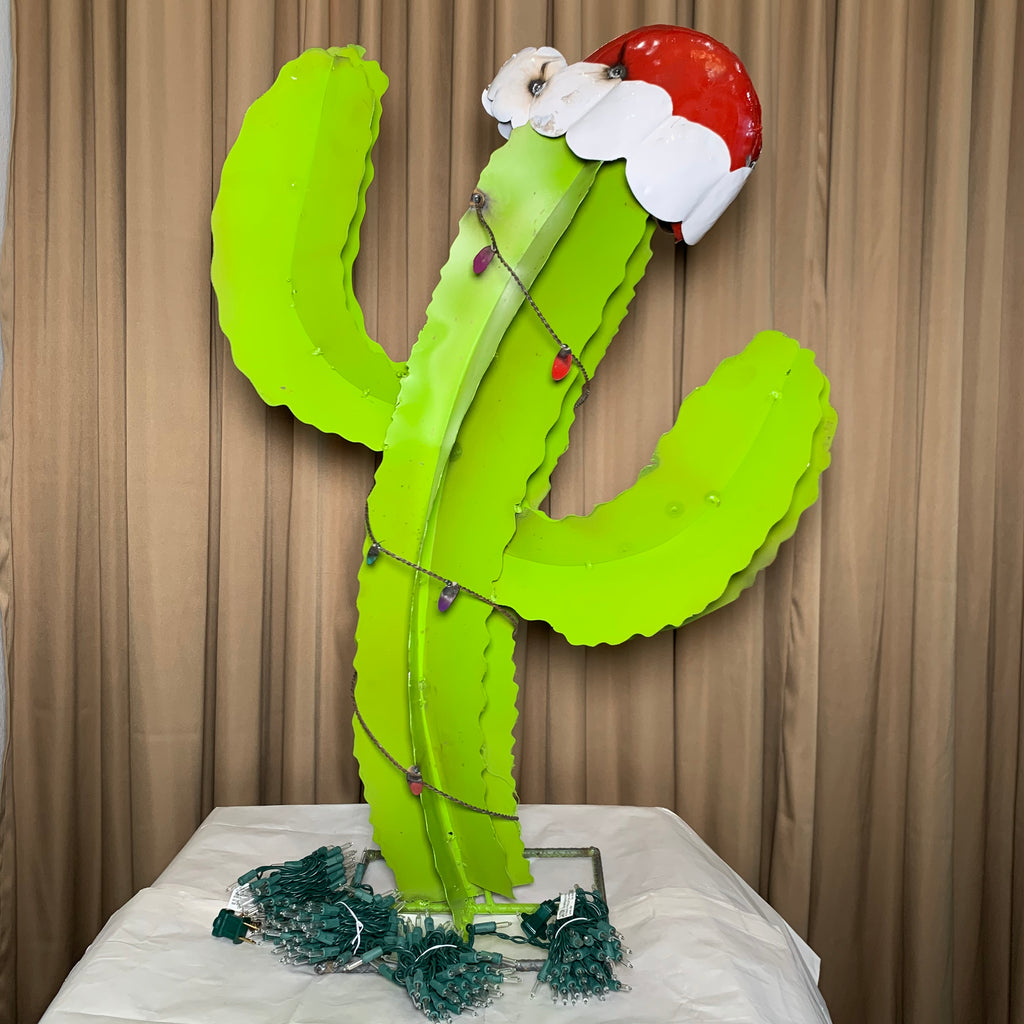 Christmas Metal Saguaro Cactus with Santa Hat & Lights – 14" or 3 Ft Holiday Decor
