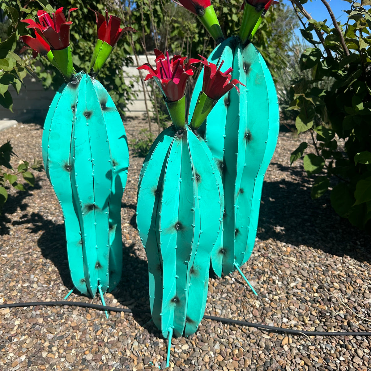 Turquoise Metal Barrel Cactus with Red Flowers – Handmade Garden Art