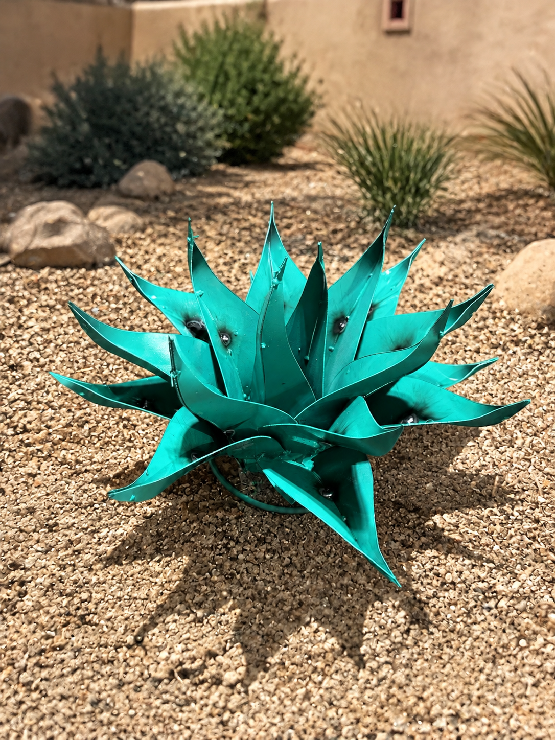 Turquoise Desert Bloom Metal Agave Garden Sculpture – Handmade Southwestern Yard Art