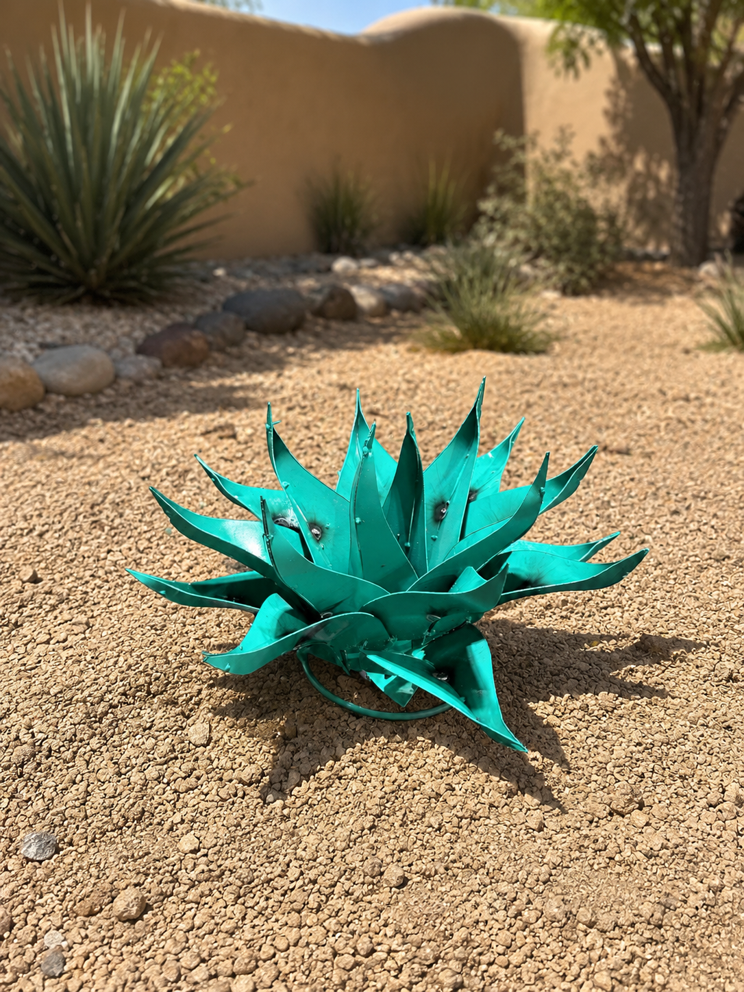 Turquoise Desert Bloom Metal Agave Garden Sculpture – Handmade Southwestern Yard Art