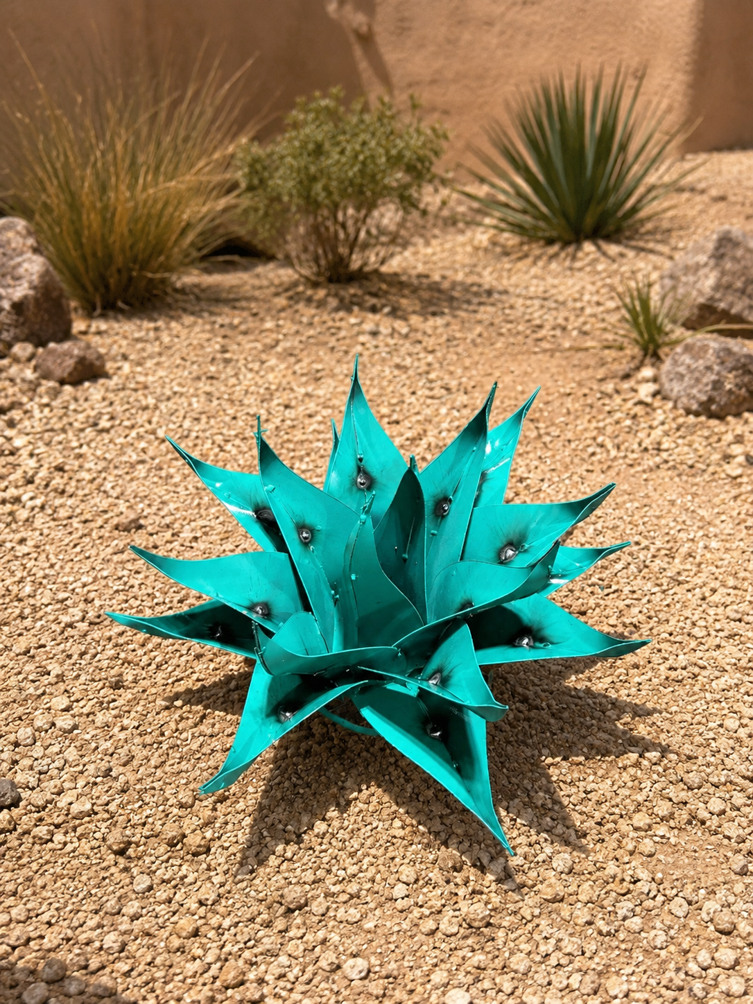 Turquoise Desert Bloom Metal Agave Garden Sculpture – Handmade Southwestern Yard Art