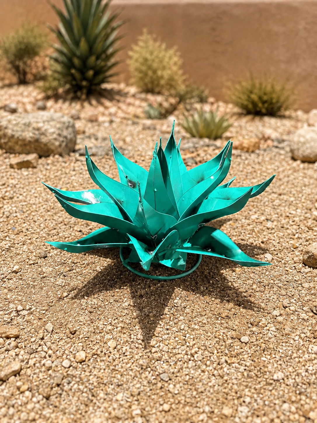 Turquoise Desert Bloom Metal Agave Garden Sculpture – Handmade Southwestern Yard Art