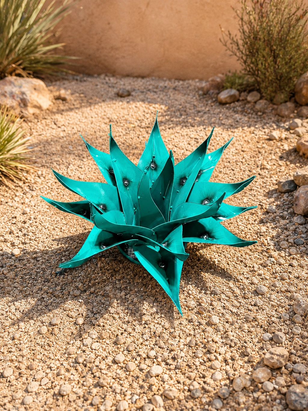 Turquoise Desert Bloom Metal Agave Garden Sculpture – Handmade Southwestern Yard Art