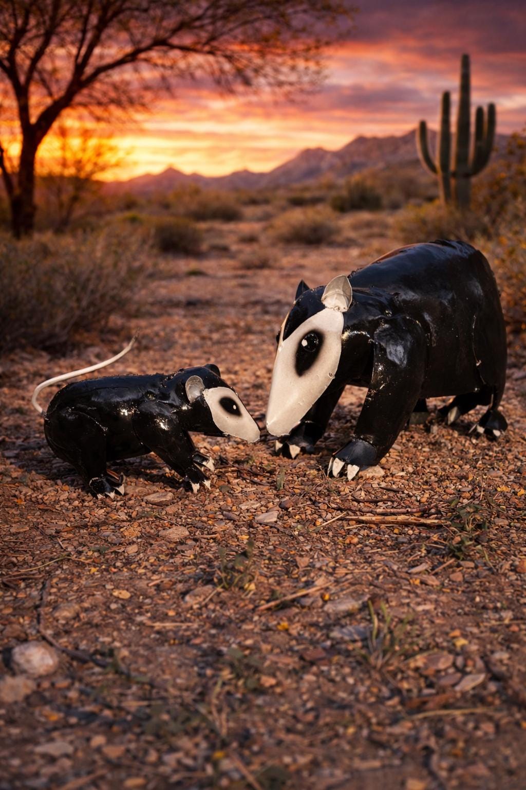 Metal Opossum Family Sculpture Set – Whimsical Southwest Garden Art